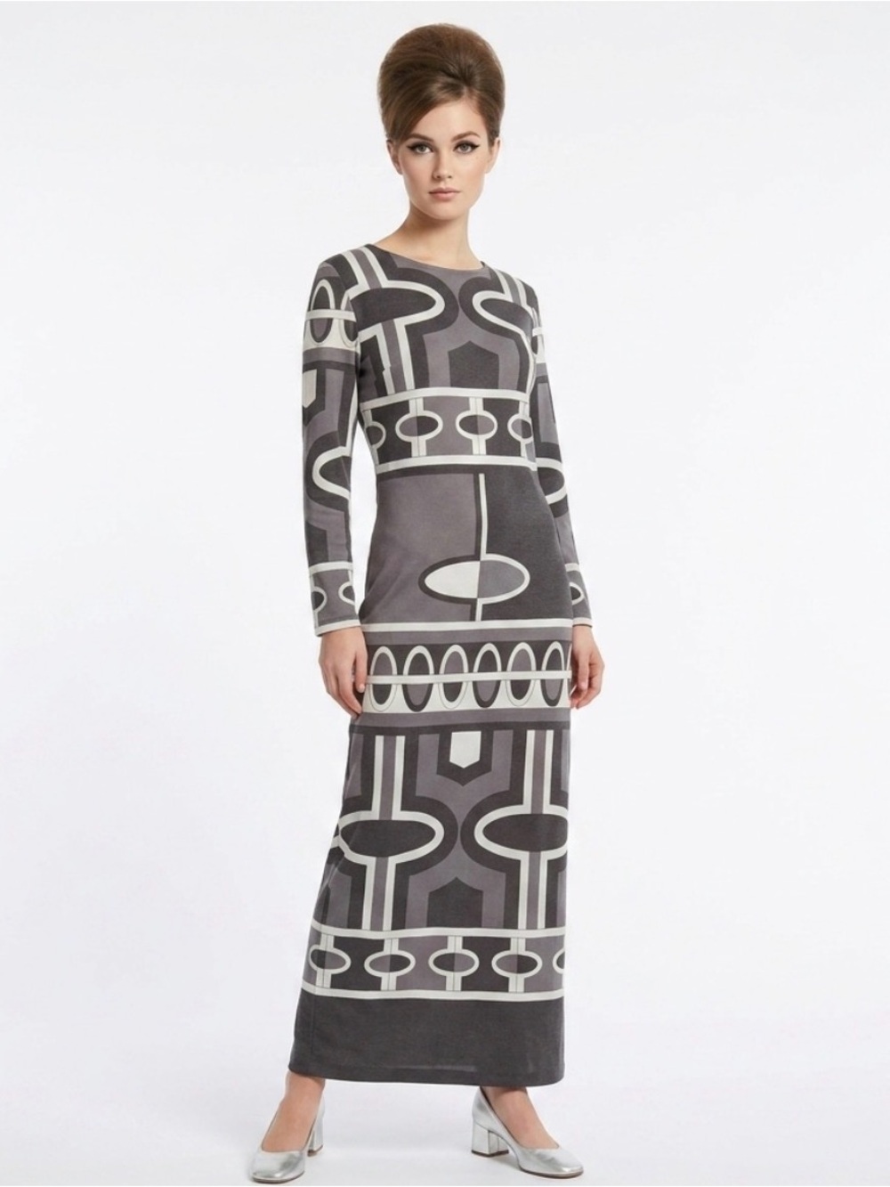 Vtg 70s Style Paganne Gene Berk Gray Geometric Op Art Mod Long Sleeve Maxi Dress